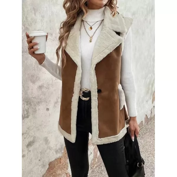 imagechouyatou Womens Winter Faux Suede Leather Vest Button Up Fuzzy Fleece Sleeveless Sherpa Jacket with PocketsBrown