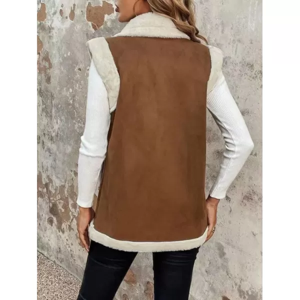 imagechouyatou Womens Winter Faux Suede Leather Vest Button Up Fuzzy Fleece Sleeveless Sherpa Jacket with PocketsBrown