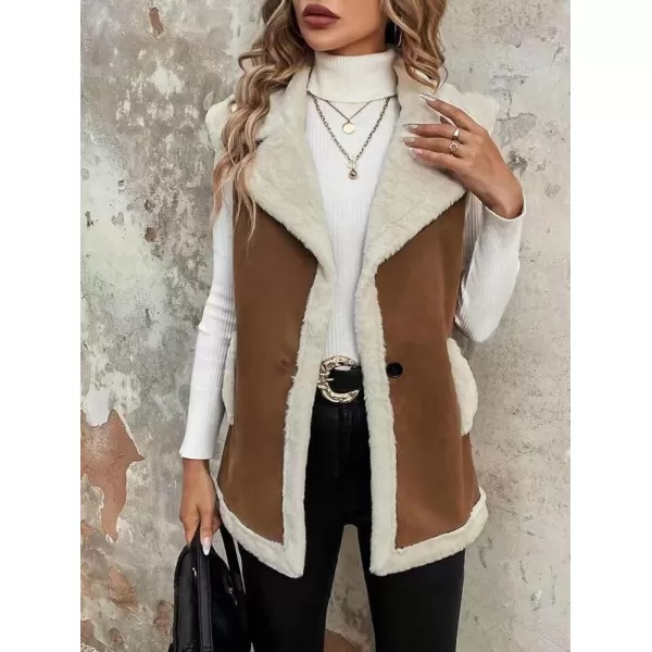 imagechouyatou Womens Winter Faux Suede Leather Vest Button Up Fuzzy Fleece Sleeveless Sherpa Jacket with PocketsBrown