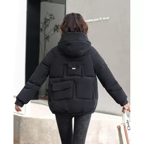 imagechouyatou Womens Winter MultiPocket Hooded Puffer Jacket Oversized Short Down Puffer CoatBlack
