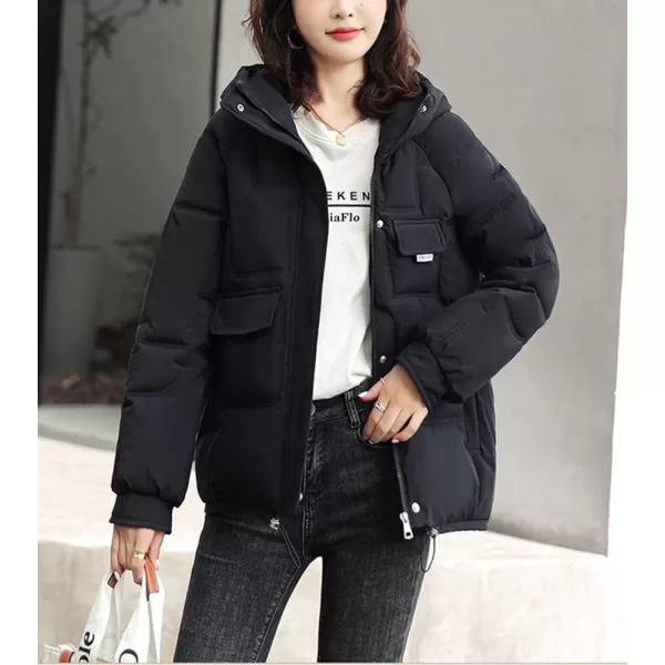 imagechouyatou Womens Winter MultiPocket Hooded Puffer Jacket Oversized Short Down Puffer CoatBlack