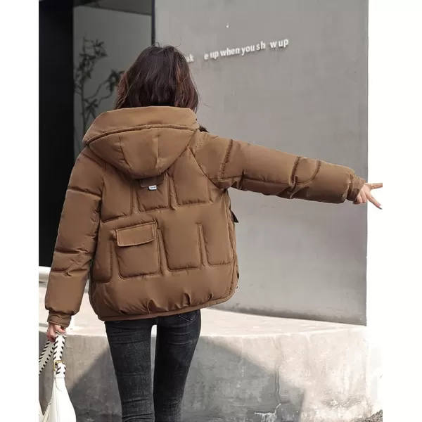 imagechouyatou Womens Winter MultiPocket Hooded Puffer Jacket Oversized Short Down Puffer CoatBrown