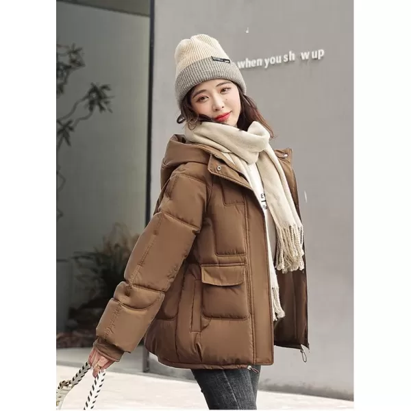 imagechouyatou Womens Winter MultiPocket Hooded Puffer Jacket Oversized Short Down Puffer CoatBrown