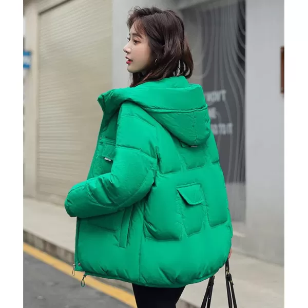 imagechouyatou Womens Winter MultiPocket Hooded Puffer Jacket Oversized Short Down Puffer CoatGreen