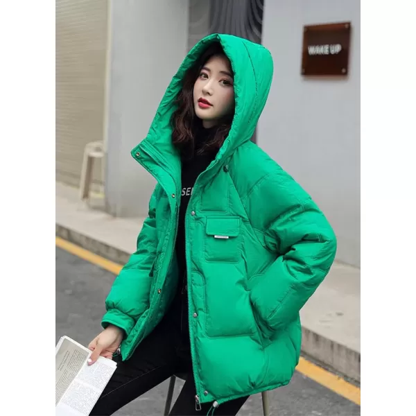 imagechouyatou Womens Winter MultiPocket Hooded Puffer Jacket Oversized Short Down Puffer CoatGreen