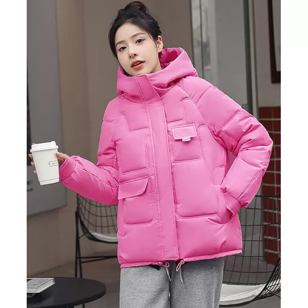 imagechouyatou Womens Winter MultiPocket Hooded Puffer Jacket Oversized Short Down Puffer CoatHot Pink
