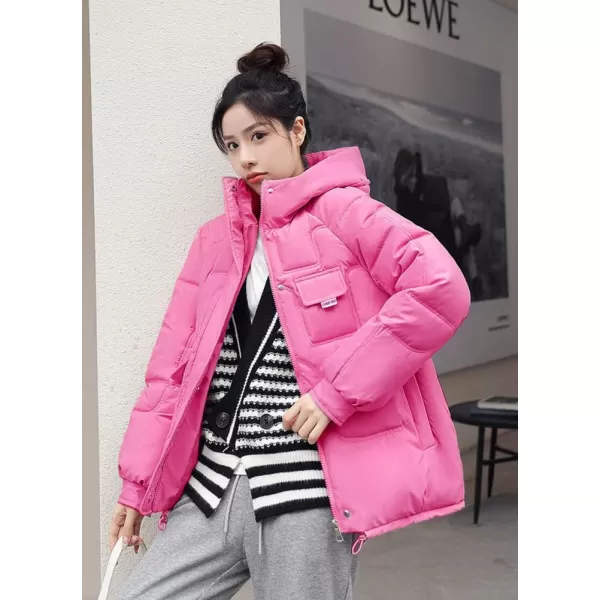 imagechouyatou Womens Winter MultiPocket Hooded Puffer Jacket Oversized Short Down Puffer CoatHot Pink