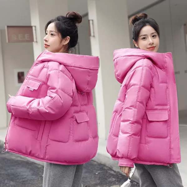 imagechouyatou Womens Winter MultiPocket Hooded Puffer Jacket Oversized Short Down Puffer CoatHot Pink