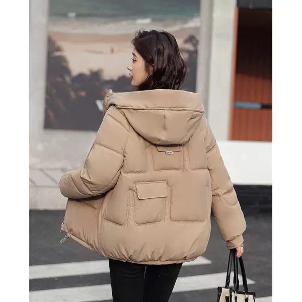 imagechouyatou Womens Winter MultiPocket Hooded Puffer Jacket Oversized Short Down Puffer CoatKhaki