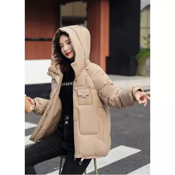 imagechouyatou Womens Winter MultiPocket Hooded Puffer Jacket Oversized Short Down Puffer CoatKhaki