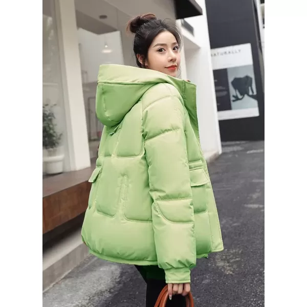 imagechouyatou Womens Winter MultiPocket Hooded Puffer Jacket Oversized Short Down Puffer CoatLight Green