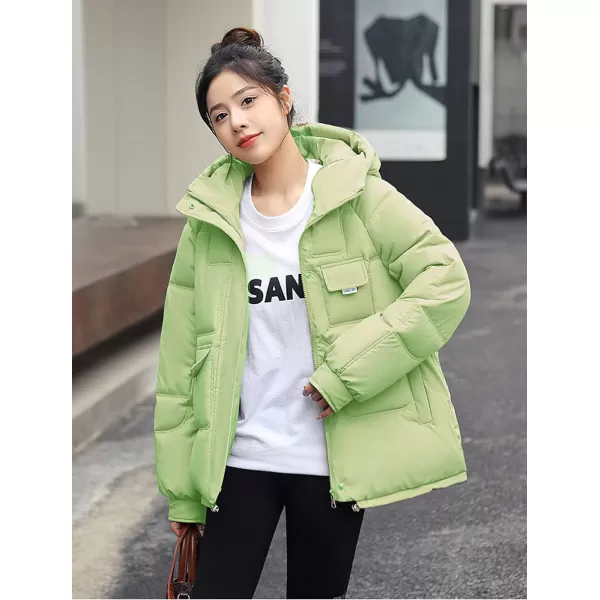 imagechouyatou Womens Winter MultiPocket Hooded Puffer Jacket Oversized Short Down Puffer CoatLight Green