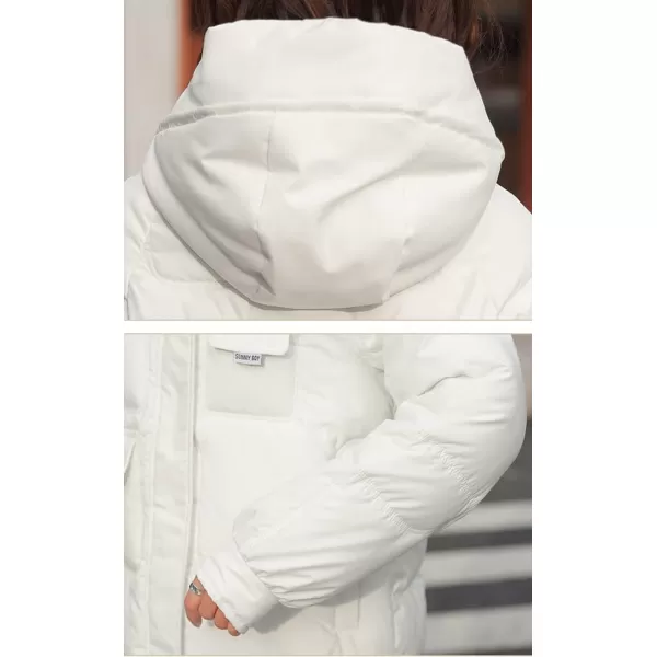 imagechouyatou Womens Winter MultiPocket Hooded Puffer Jacket Oversized Short Down Puffer CoatWhite
