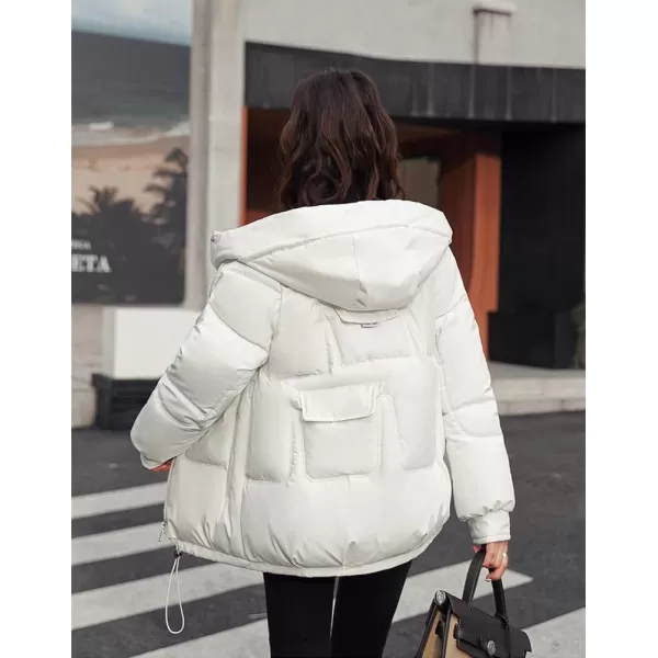 imagechouyatou Womens Winter MultiPocket Hooded Puffer Jacket Oversized Short Down Puffer CoatWhite