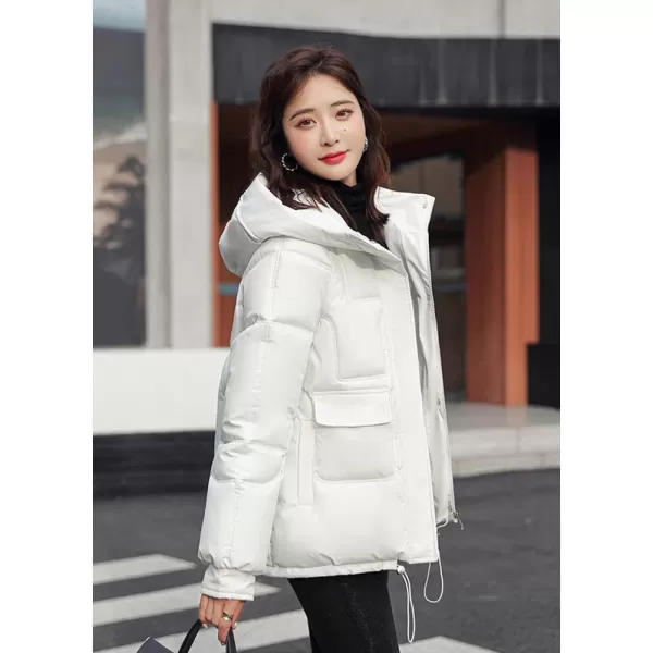 imagechouyatou Womens Winter MultiPocket Hooded Puffer Jacket Oversized Short Down Puffer CoatWhite