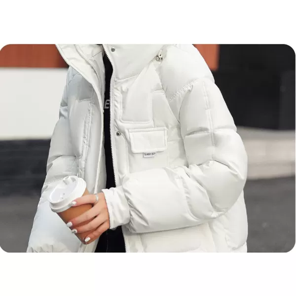 imagechouyatou Womens Winter MultiPocket Hooded Puffer Jacket Oversized Short Down Puffer CoatWhite