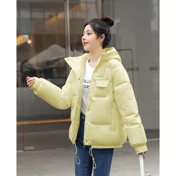 imagechouyatou Womens Winter MultiPocket Hooded Puffer Jacket Oversized Short Down Puffer CoatYellow