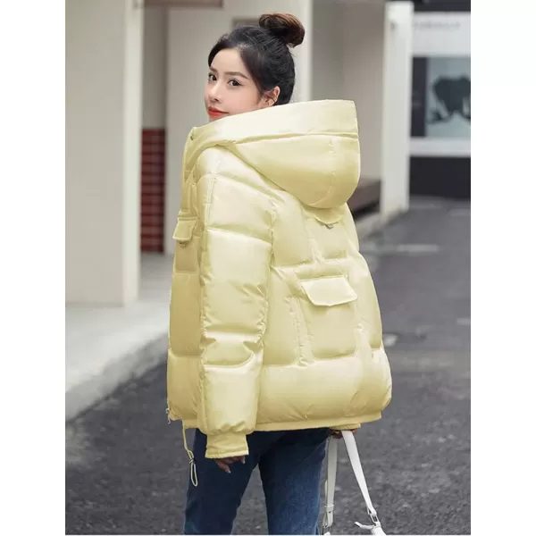 imagechouyatou Womens Winter MultiPocket Hooded Puffer Jacket Oversized Short Down Puffer CoatYellow