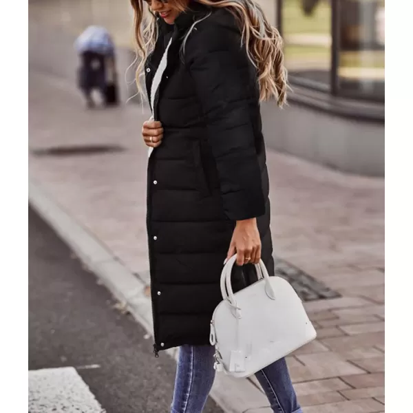 imagechouyatou Womens Winter Quilted Hooded Long Puffer Jacket Zip Up Button Down Padded Puffy Down CoatBlack