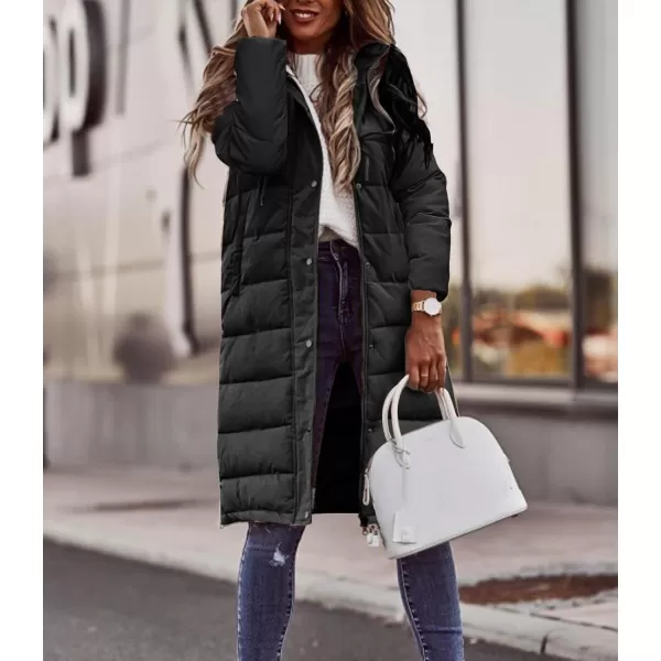 imagechouyatou Womens Winter Quilted Hooded Long Puffer Jacket Zip Up Button Down Padded Puffy Down CoatBlack