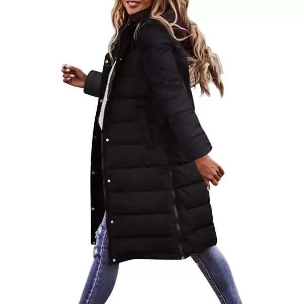 imagechouyatou Womens Winter Quilted Hooded Long Puffer Jacket Zip Up Button Down Padded Puffy Down CoatBlack