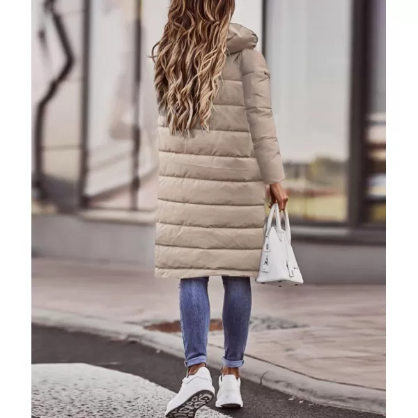 imagechouyatou Womens Winter Quilted Hooded Long Puffer Jacket Zip Up Button Down Padded Puffy Down CoatKhaki