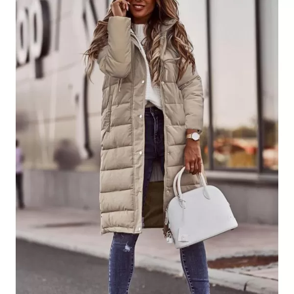 imagechouyatou Womens Winter Quilted Hooded Long Puffer Jacket Zip Up Button Down Padded Puffy Down CoatKhaki