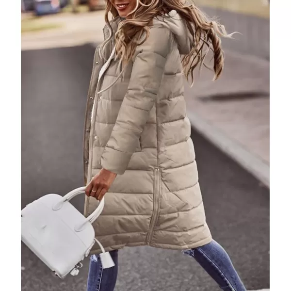 imagechouyatou Womens Winter Quilted Hooded Long Puffer Jacket Zip Up Button Down Padded Puffy Down CoatKhaki