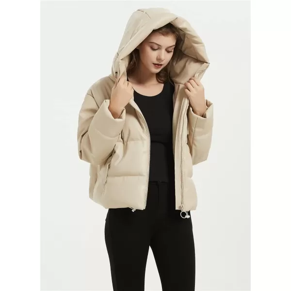 imagechouyatou Womens Winter Warm Faux Leather Puffer Jacket Hooded Long Sleeve Quilted JacketBeige