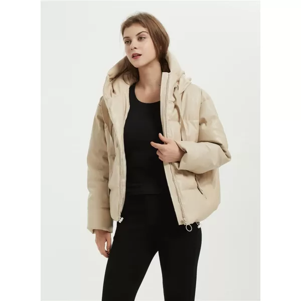 imagechouyatou Womens Winter Warm Faux Leather Puffer Jacket Hooded Long Sleeve Quilted JacketBeige