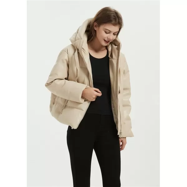 imagechouyatou Womens Winter Warm Faux Leather Puffer Jacket Hooded Long Sleeve Quilted JacketBeige