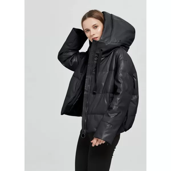 imagechouyatou Womens Winter Warm Faux Leather Puffer Jacket Hooded Long Sleeve Quilted JacketBlack