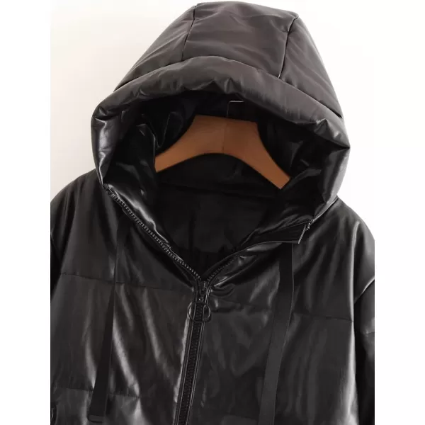 imagechouyatou Womens Winter Warm Faux Leather Puffer Jacket Hooded Long Sleeve Quilted JacketBlack