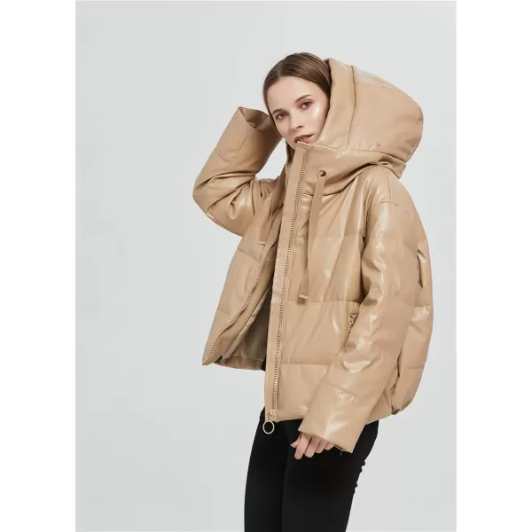 imagechouyatou Womens Winter Warm Faux Leather Puffer Jacket Hooded Long Sleeve Quilted JacketCamel