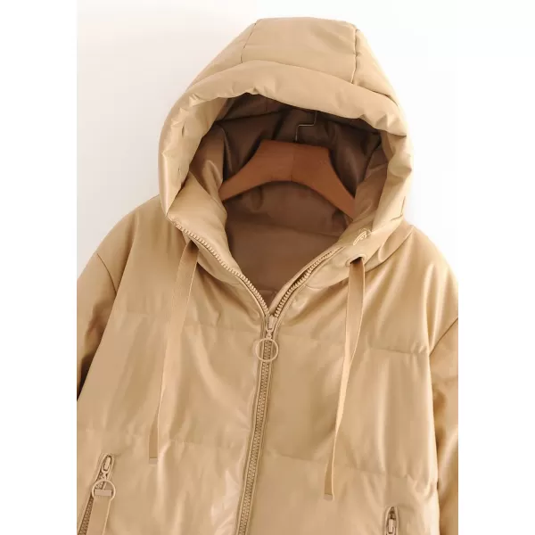 imagechouyatou Womens Winter Warm Faux Leather Puffer Jacket Hooded Long Sleeve Quilted JacketCamel