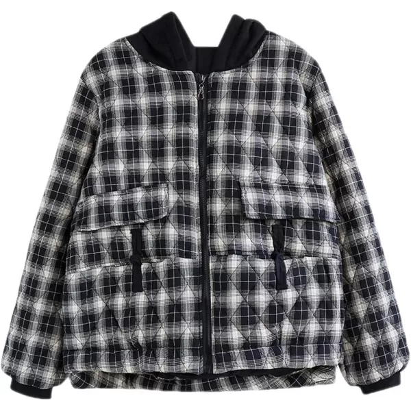 imagechouyatou Womens Winter Warm Hooded Quilted Jacket Plaid Baggy Puffer Jacket Down CoatBlack