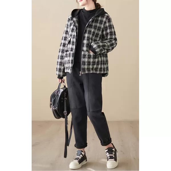 imagechouyatou Womens Winter Warm Hooded Quilted Jacket Plaid Baggy Puffer Jacket Down CoatBlack