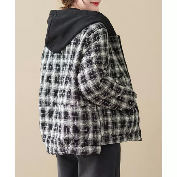 imagechouyatou Womens Winter Warm Hooded Quilted Jacket Plaid Baggy Puffer Jacket Down CoatBlack