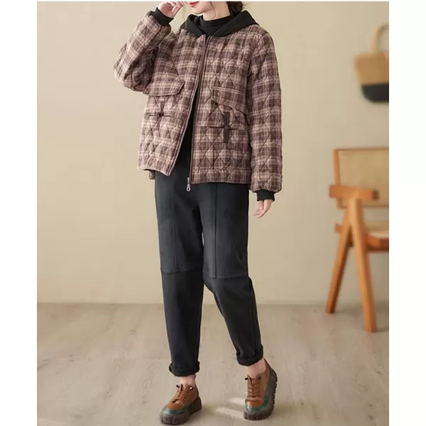 imagechouyatou Womens Winter Warm Hooded Quilted Jacket Plaid Baggy Puffer Jacket Down CoatBrown