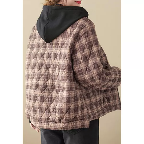 imagechouyatou Womens Winter Warm Hooded Quilted Jacket Plaid Baggy Puffer Jacket Down CoatBrown