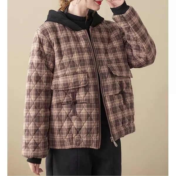 imagechouyatou Womens Winter Warm Hooded Quilted Jacket Plaid Baggy Puffer Jacket Down CoatBrown