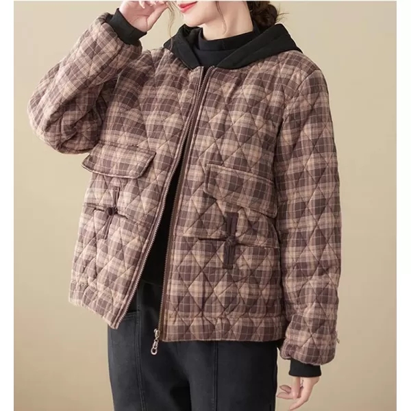 imagechouyatou Womens Winter Warm Hooded Quilted Jacket Plaid Baggy Puffer Jacket Down CoatBrown