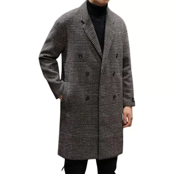 imagechouyatou Mens Casual Plaid Wool Trench Coat Double Breasted Notched Collar Wool Blend Pea Coat with PocketsCoffee