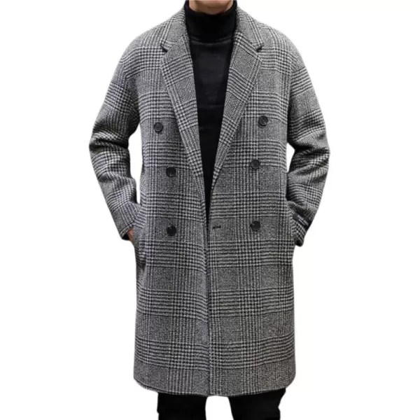 imagechouyatou Mens Casual Plaid Wool Trench Coat Double Breasted Notched Collar Wool Blend Pea Coat with PocketsGray