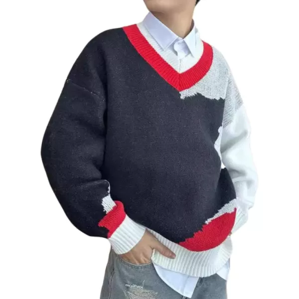 imagechouyatou Mens Color Block Striped VNeck Sweater Long Sleeve Loose Pullover Cable Knit Jumper TopBlack