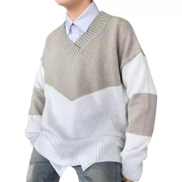 imagechouyatou Mens Color Block Striped VNeck Sweater Long Sleeve Loose Pullover Cable Knit Jumper TopGrey