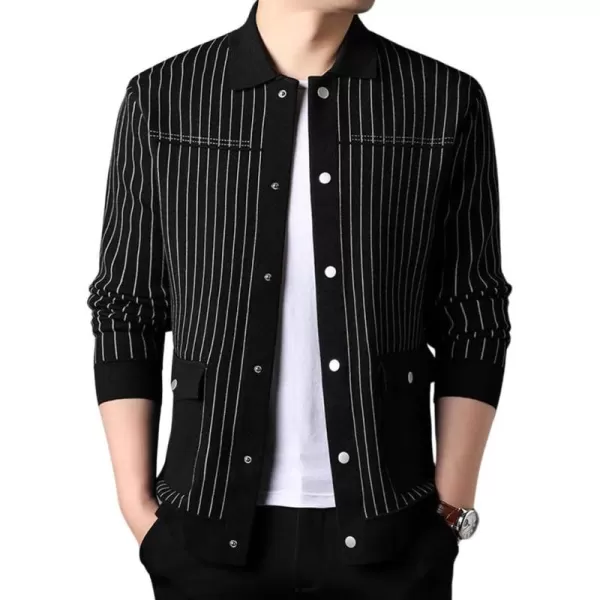 imagechouyatou Mens Vertical Striped Spread Collar Button Down Knit Sweater Trucker Jacket Cardigan TopsBlack