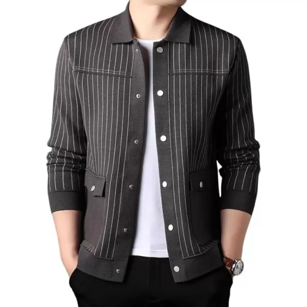 imagechouyatou Mens Vertical Striped Spread Collar Button Down Knit Sweater Trucker Jacket Cardigan TopsGray
