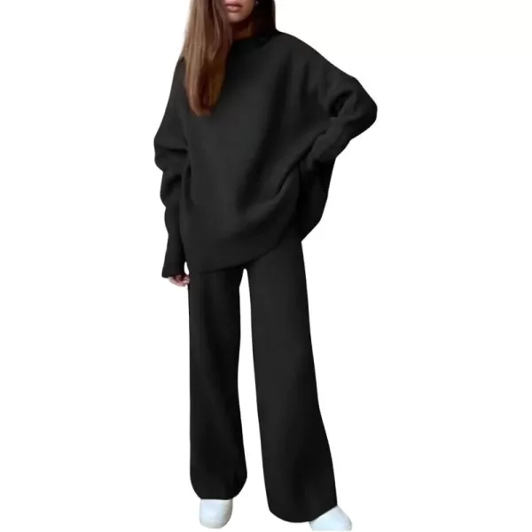 imagechouyatou Womens 2 Piece Outfits Knitted Turtleneck Oversized Sweater Wide Leg Pants SetBlack