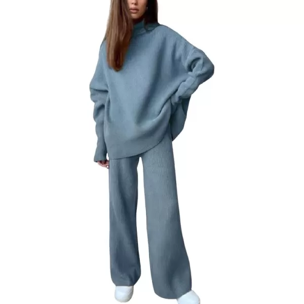 imagechouyatou Womens 2 Piece Outfits Knitted Turtleneck Oversized Sweater Wide Leg Pants SetBlue